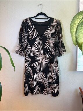 WH BM Tropical Black Tan Leaf Print Resort Sheer Short Ruffle Sleeve Dress XL